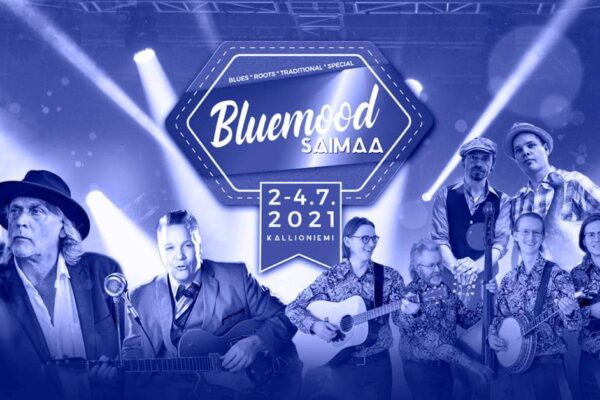 Bluemood Saimaa -tapahtuman mainos, jossa esiintyjien kuvia sinisellä pohjalla