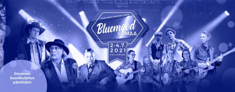 Bluemood Saimaa -tapahtuman  mainos, jossa esiintyjien kuvia sinisellä pohjalla
